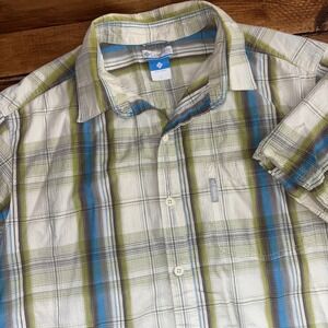 Columbia Shirt Men Large Blue Green‎ Plaid Seersucker Button Lightweight Outdoor